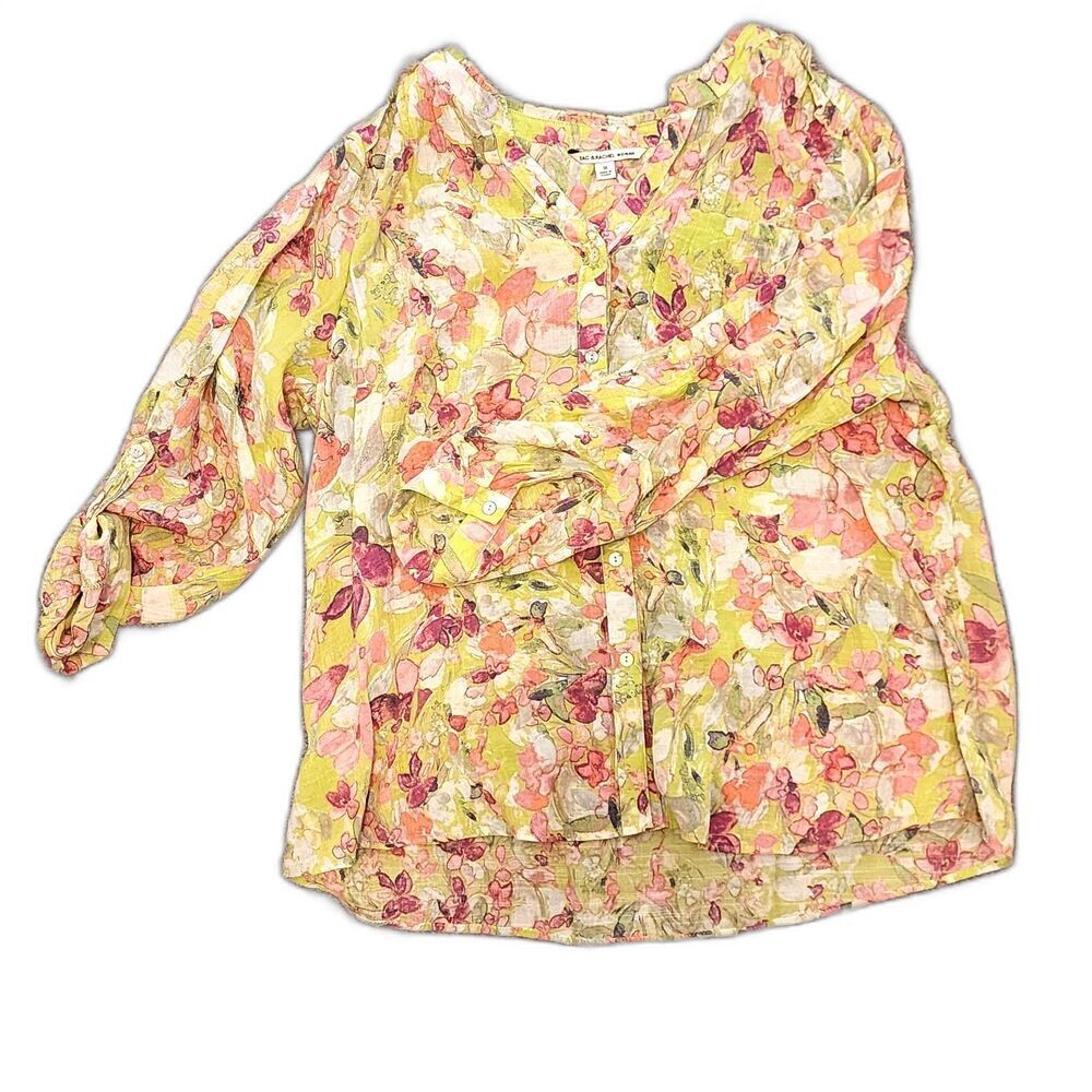 Cottagecore, Fairycore, Boho Floral Blouse, 1X Lime Green Pink V-Neck Button EUC